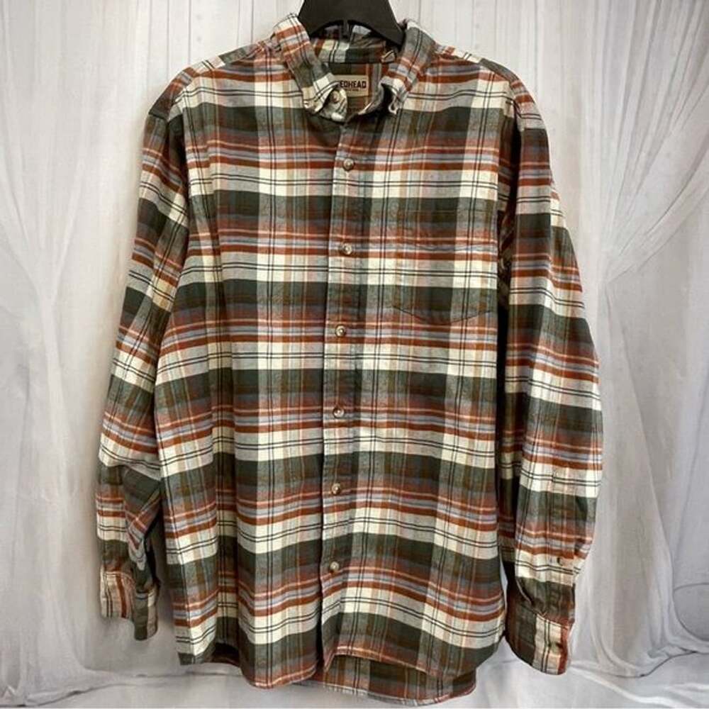 RedHead Green Brown Orange Plaid Button-Down Shirt Flannel Long Sleeve L Large